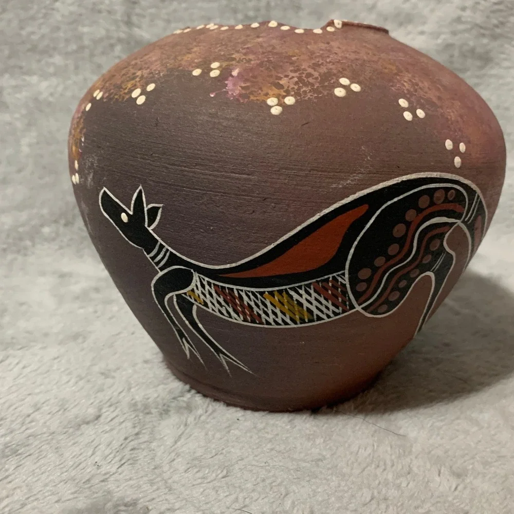K Lightfoot Hand Painted Pottery Vase Kangaroo Aboriginal Art Unique Collectible